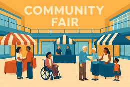 Community fair with eight people at a mall