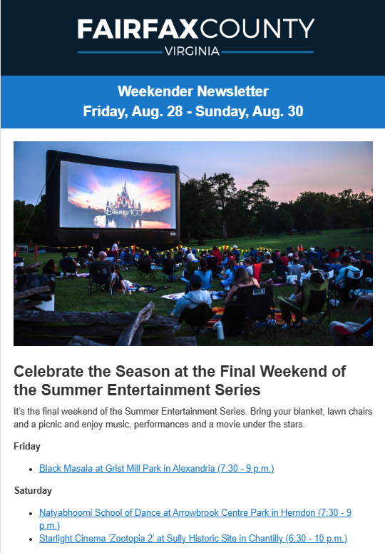 Screenshot of the latest Weekender newsletter.