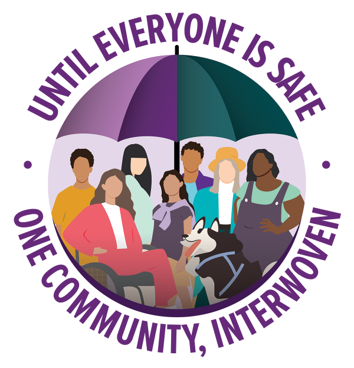 DV/SV Community Annual Meeting Logo- Diverse and differently abled people standing or sitting under an umbrella