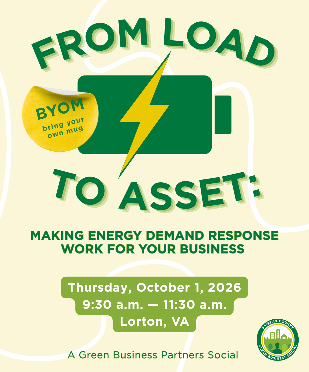 Event flyer with a battery and lightning graphic promoting an energy demand response social on October 1, 2026 in Lorton, VA.