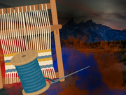 Photo of mountain landscape with decorative color overlays, paired with illustration of loom and spool of thread with needle. 