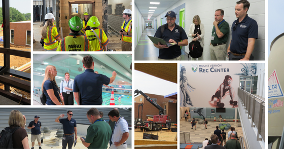 Collage of images showing people conducting inspections and walkthroughs at construction and recreation facility sites.