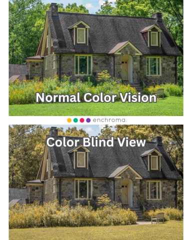 An image of a house with a compare and contrast of normal color vision and a color blind view. The normal color vision is more vibrant.