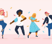 Graphic of people dancing in a line. 
