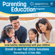 Graphic for Fall 2026 parenting education classes including picture of two adults and two children