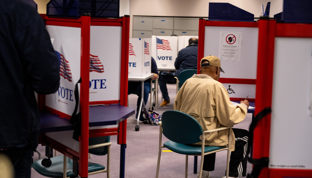 A person votes behind a voting divider.