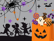 Halloween images of candy bag, spider, bats and silhouettes of costumed children