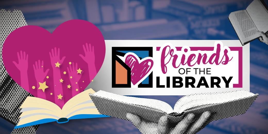 Friends of the Library with FCPL logo icon and hearts