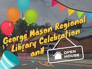 Photo of exterior of George Mason Regional Library with cartoon confetti and party banner