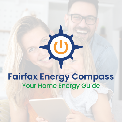 Logo with a compass and power symbol over a faded family background, with text reading “Fairfax Energy Compass – Your Home Energy Guide.”