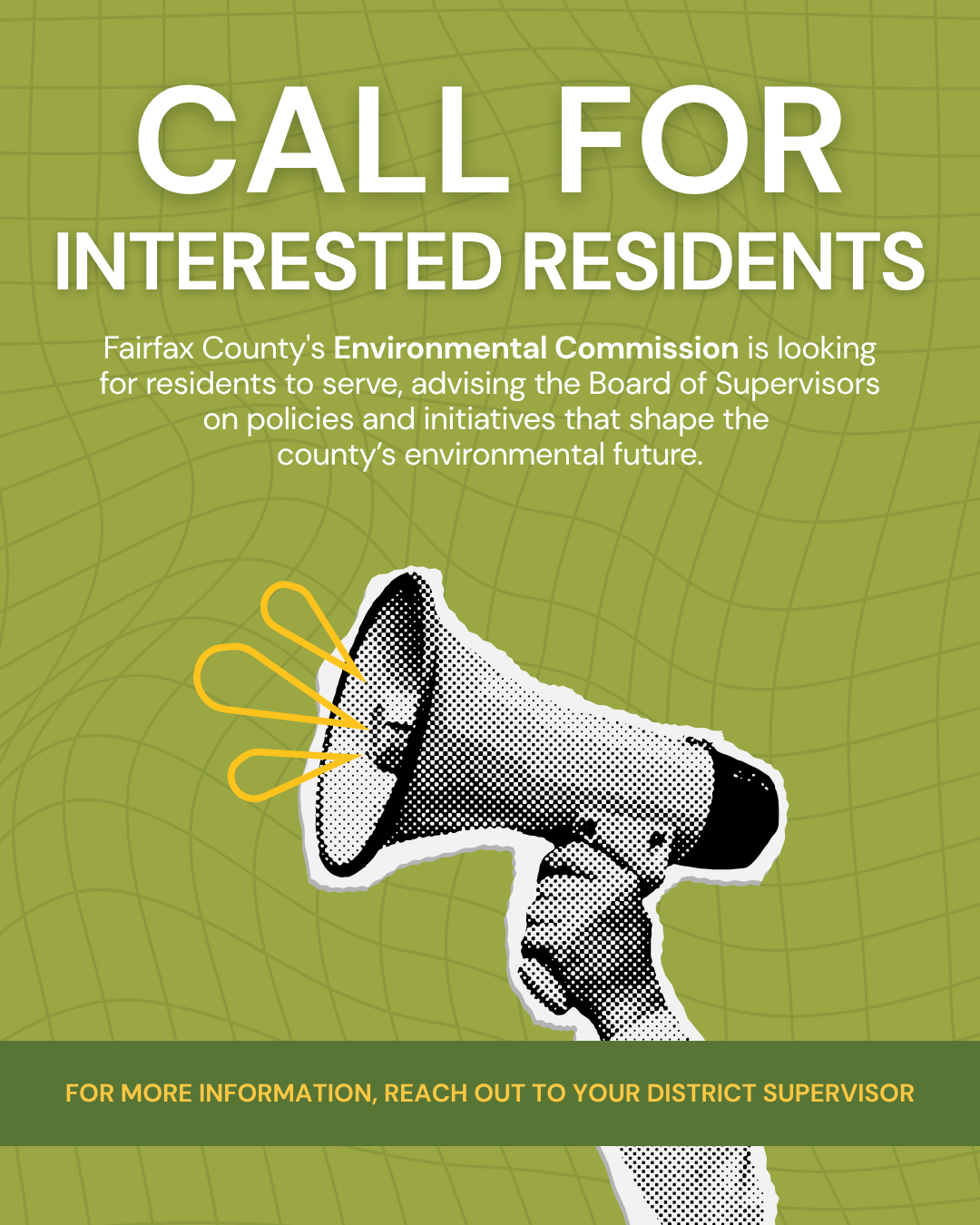 Graphic announcing a call for residents to join an environmental commission, featuring a stylized megaphone on a green background.