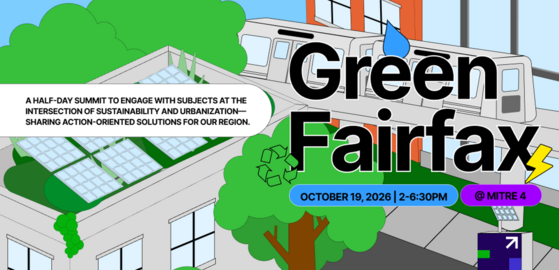 Illustrated promo for the Green Fairfax summit showing solar panels, trees and a train, with event details highlighted.
