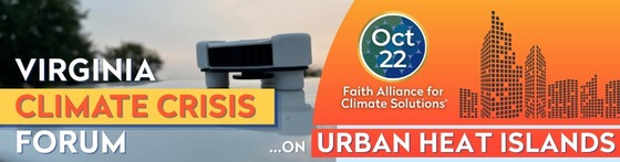Banner for a Virginia climate forum on urban heat islands, with event date and graphics of buildings and a small sensor device.