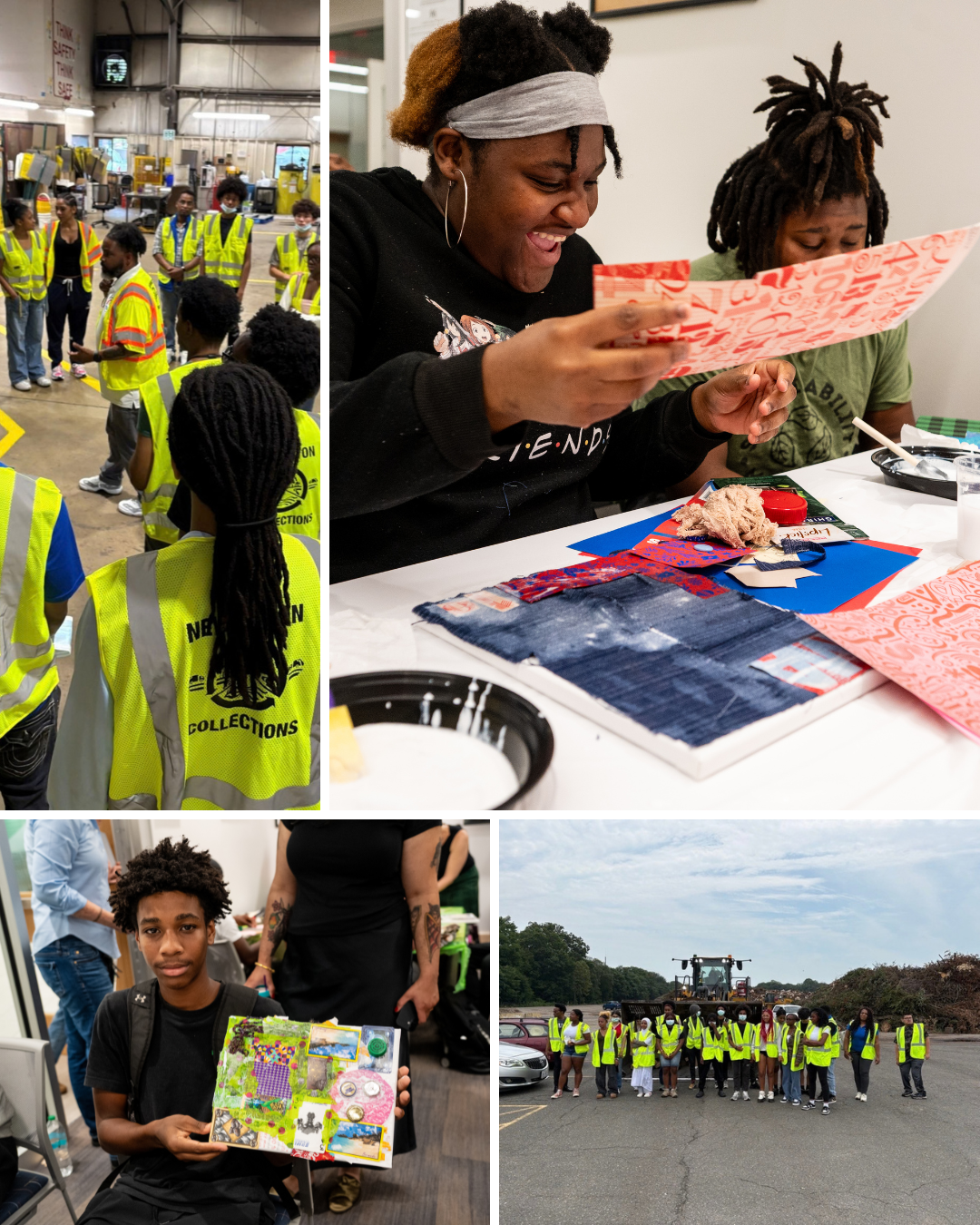 Collage of youth group activities including a facility tour, art-making, showing artwork, and a group posing outdoors in safety vests.