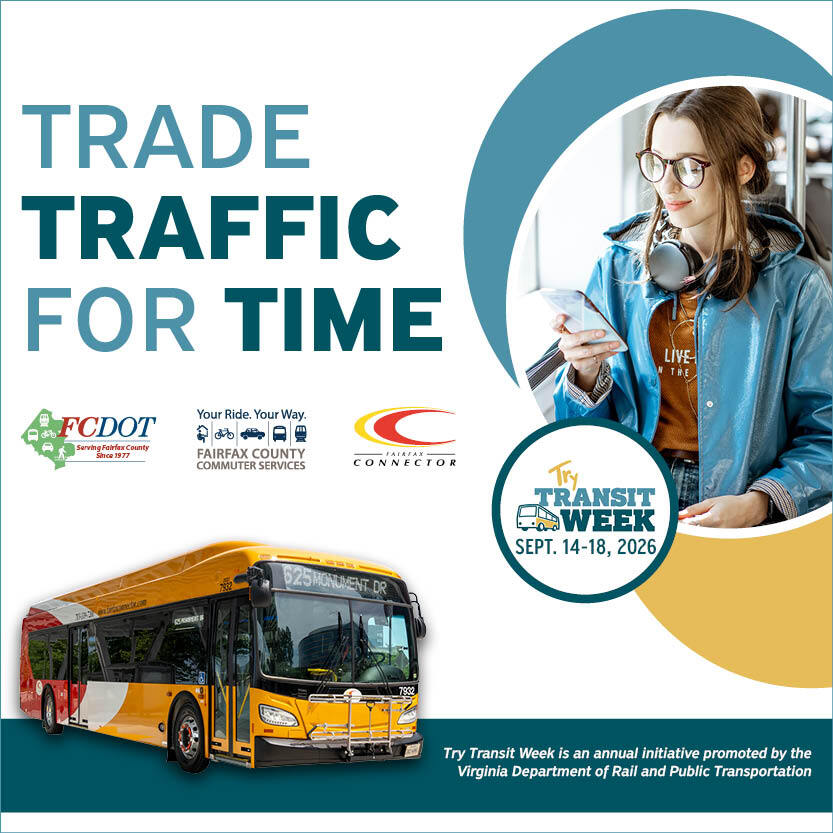 Promo for Try Transit Week featuring a bus, a person using a phone, and the slogan “Trade Traffic for Time.”
