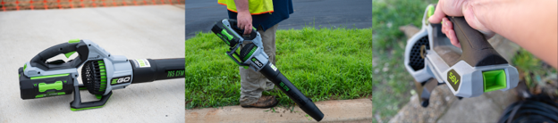 Three images showing a battery-powered leaf blower: close-up of the tool, a person holding it by their side, and a hand gripping the handle.