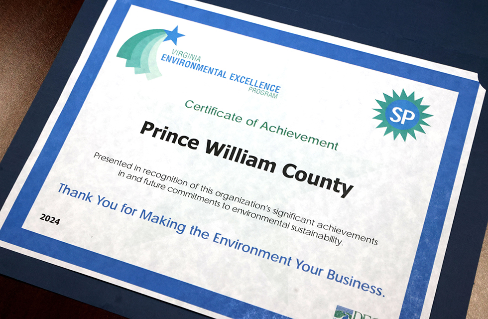 Prince William County's Virginia Environmental Excellence certificate of achievement 