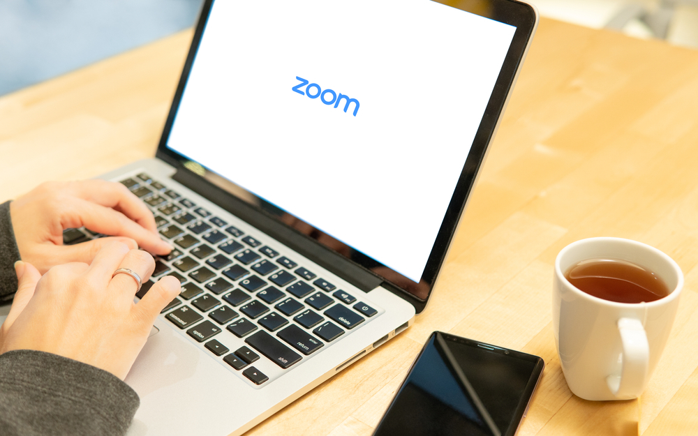 Zoom meeting with cup of tea shutterstock