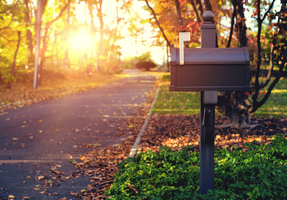 mailbox on a tree-lined street in autumn