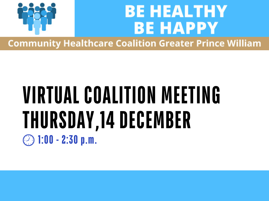 Event flyer for Community Healthcare Coalition Greater Prince William virtual meeting Thursday 14 December 1:00-2:30 p.m. 