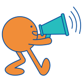Orange-colored illustrated character speaking into a teal megaphone.