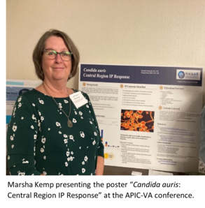 Marsha Kemp presenting the poster “Candida auris: Central Region IP Response” at the APIC-VA conference. 