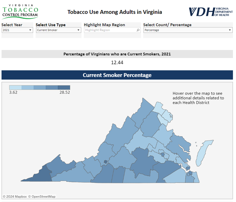 Screenshot of new data dashboard of tobacco use among adults in Virginia.