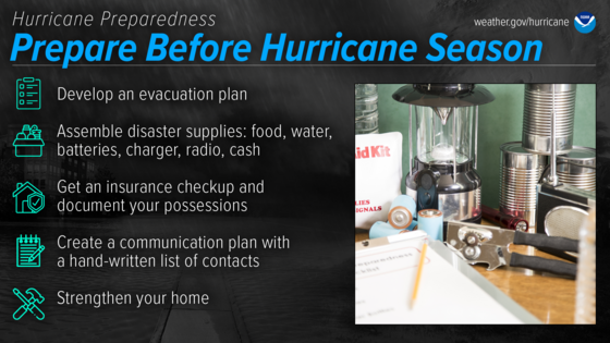 A slide suggests how to be prepared for hurricane season and shows canned items, can opener, oil lamp, first aid kit and a radio.