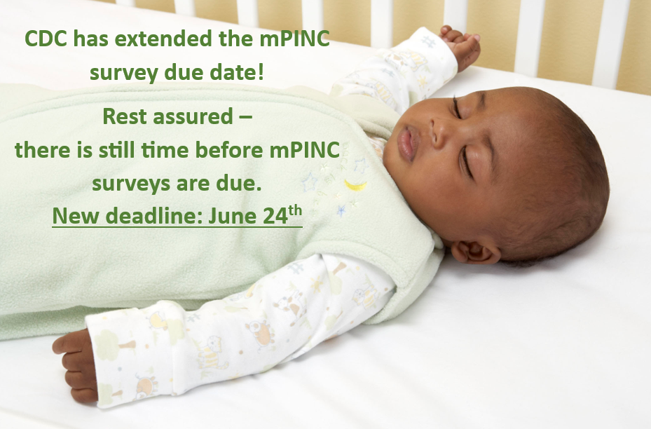 Picture of a baby in a crib with text reminding of the extended mPINC survey due date.