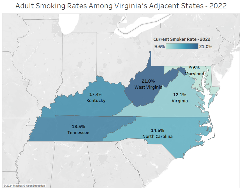 Map showing adult smoking rates among Virginia and neighboring states from 2022