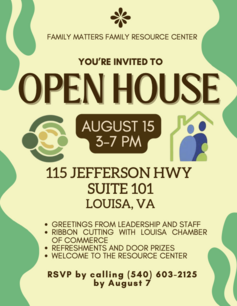 Family Matters Resource Center Open House flyer.