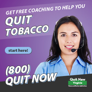 "Get free coaching to help you quit tobacco," "Start here," "800 Quit Now" with woman wearing a headset and Quit Now Virginia logo