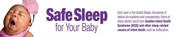 On a white background, an image of a baby yawning with title Safe Sleep for your Baby and text about Sudden Infant Death Syndrome.
