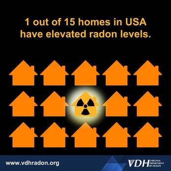 Of 15 orange images of houses on a black background, 1 has the internation symbol for radiation, signifying elevated levels of radon.