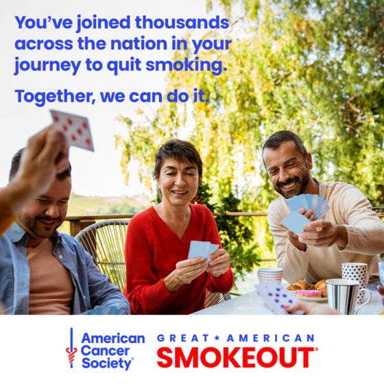 Three adults playing cards with the words "You've joined thousands across the nation in your journey to quit smoking. Together, we can do it."