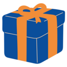 Illustration of a navy blue present wrapped in an orange bow.