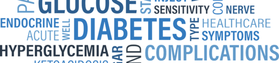 A word cloud centered around the word diabetes, with related terms like hyperglycemia, glucose, complications, and type. 