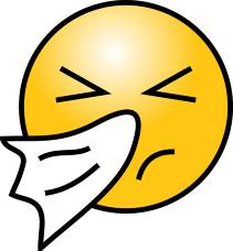A frowning, sneezing happy face emoticon with a tissue at its nose and eyes squeezed shut.