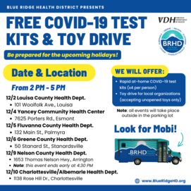 December schedule of free test kit distribution and toy drive events.