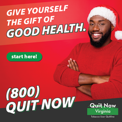 Quit Now Virginia ad with black male smiling wearing a Santa hat and red sweater and message, "Give yourself the gift of good health."