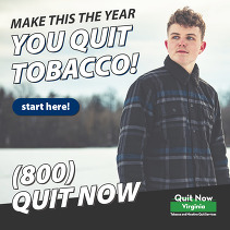 Quit Now Virginia ad with white young adult male wearing a blue and black flannel in the snow.