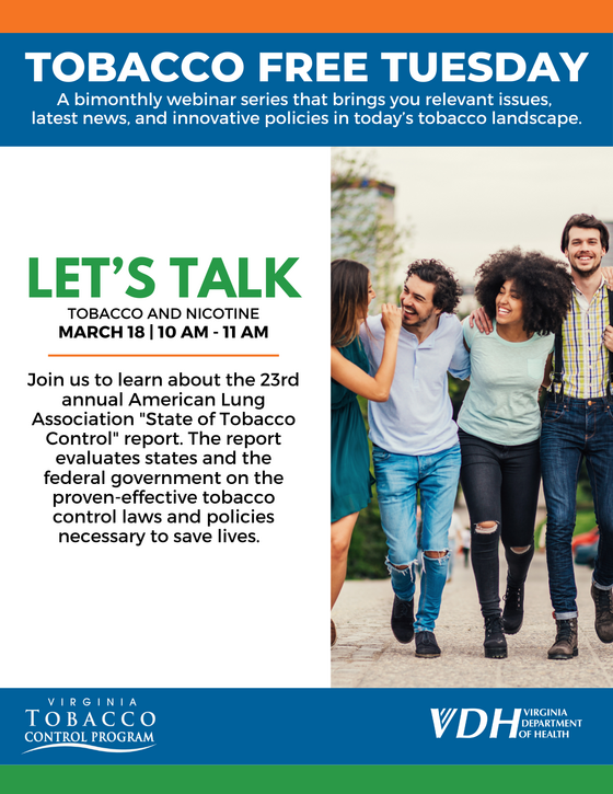 Flyer for March 18th Tobacco Free Tuesday webinar