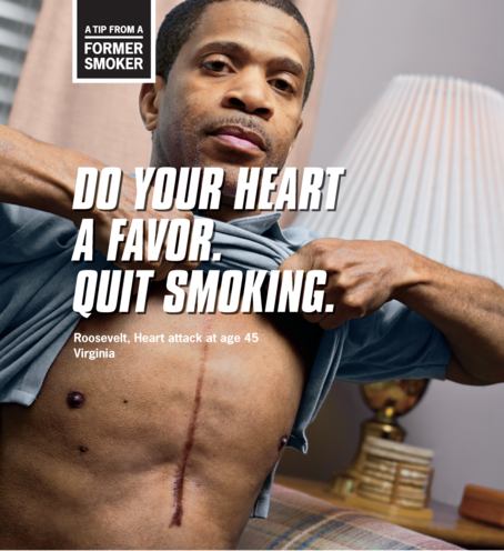 African American male lifting shirt to show chest scar. "Do your heart a favor. Quit smoking. Roosevelt, Heart attack at age 45, Virginia."