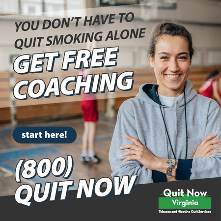 Quit Now Virginia ad featuring a white female coach wearing a gray hoodie standing in front of people playing basketball indoors.