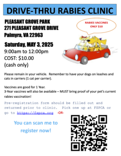 Fluvanna SPCA Drive-Thru Rabies Vaccine Clinic flyer