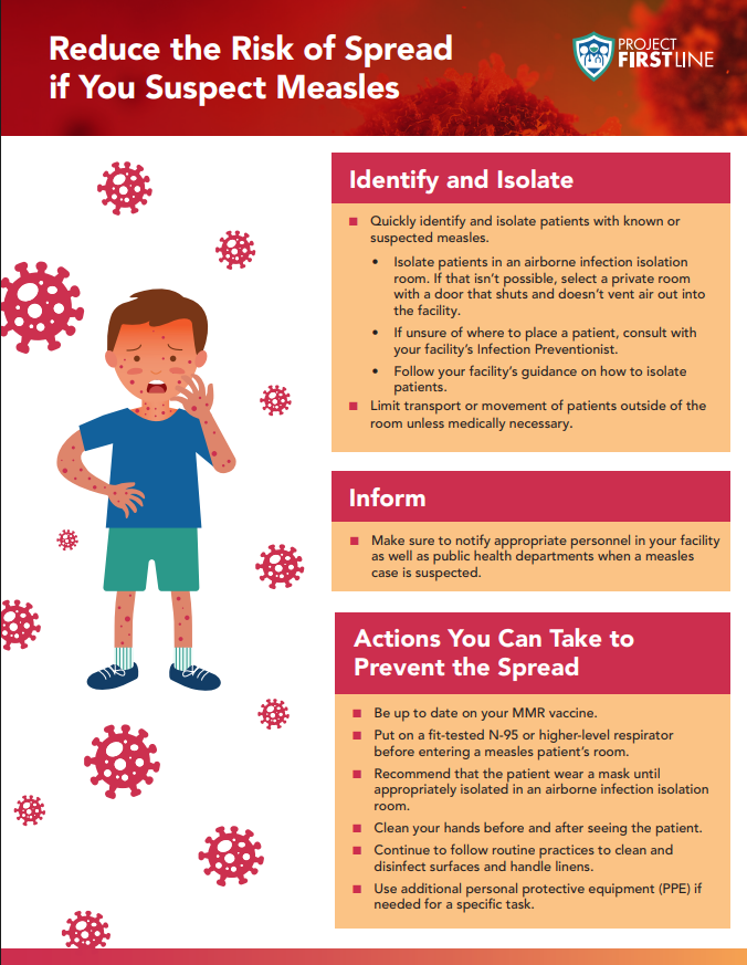 Reduce the Risk of Spread if you suspect Measles, infographic from Project Firstline