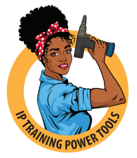 Image of woman holding a drill and text: IP Training Power Tools