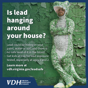 Photograph of man dressed as an alligator, with warning information about lead exposure for children in older houses.