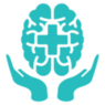 Icon of hands raising up a brain with the plus symbol to represent mental health