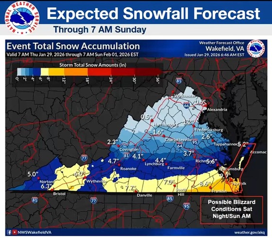 Snowfall forecast through Sunday Feb 1 2026